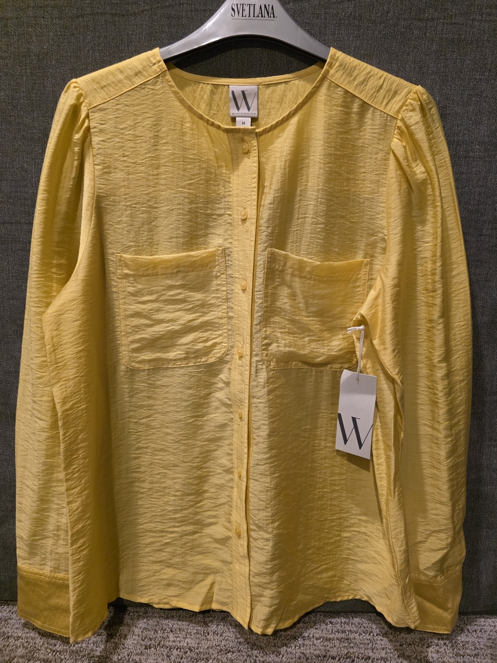 Worthington Yellow Button-Front Blouse Size Med. PTP 20 1/2 Length 25 1/2